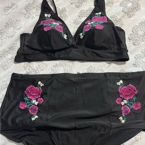 Torrid Black Bikini with Pink Floral Embroidery